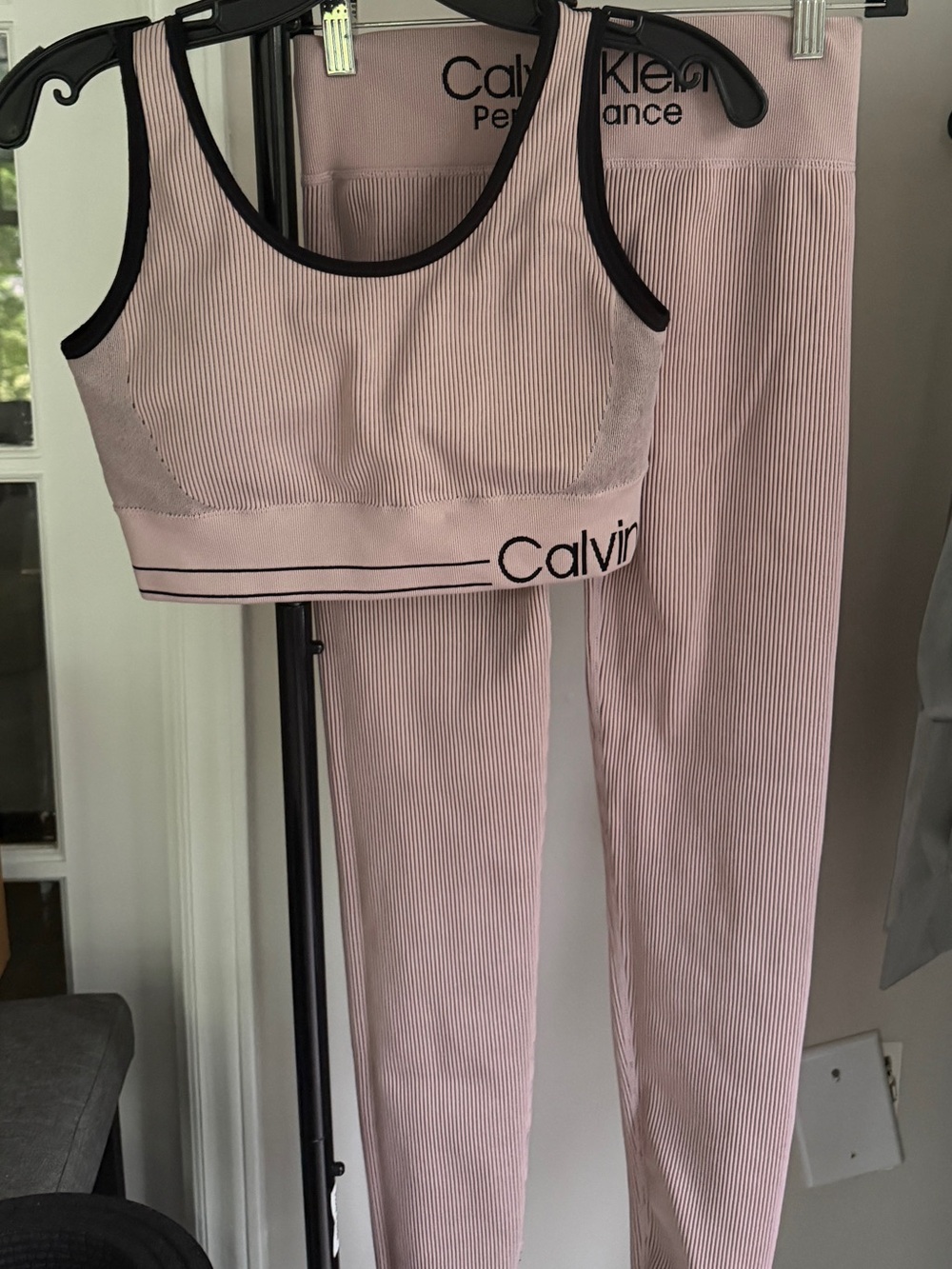 Calvin Klein Light Pink Ribbed Sports Bra & Leggings Set with Black Trim